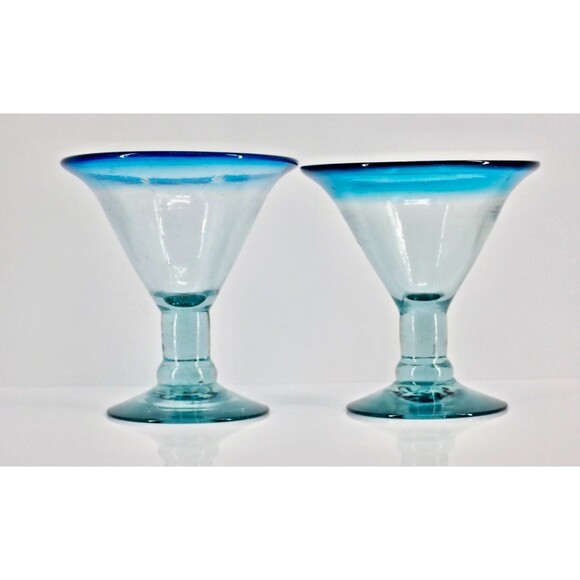 Aqua Rim Thick Hand Blown Margarita Martini Glasses Set of 2 Mint Condition 7" - Picture 1 of 8